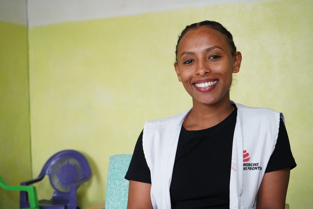 MSF mental health counselor Helina Tsegay, in the counseling room at the Five Angels IDP camp in Shire, located in the Tigray region of Ethiopia.