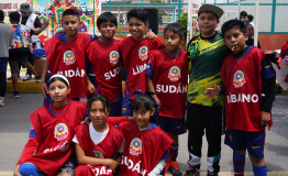 A group of children representing Lebanon and Sudan. Before the matches, the MSF team spoke to the attendees about the crises in these countries to raise awareness.