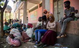 Displaced people wait at Tsegay Berhe school, in the city of Adwa in central Tigray.