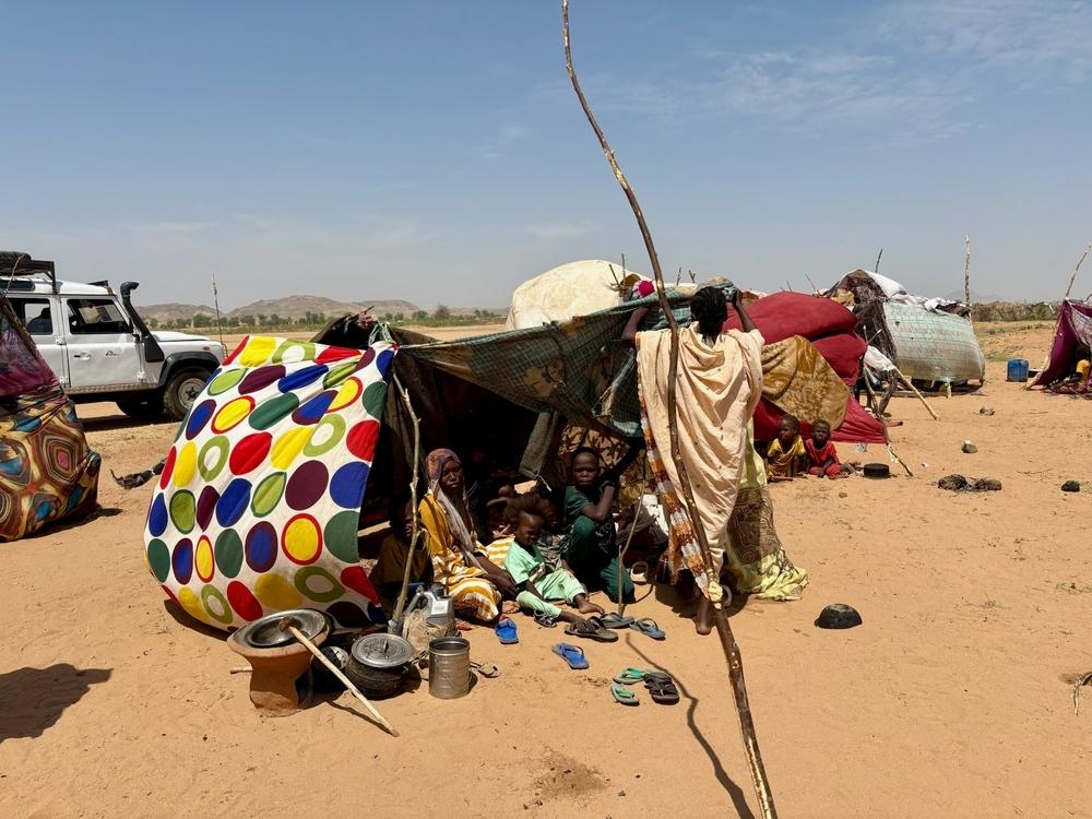 Makeshift shelter made of four wooden poles and bedsheets, where Hawa Abdallah lives with her husband and five children. The family arrived in Tawila on October 15 after fleeing intense bombings on October 11 in El Fasher. 